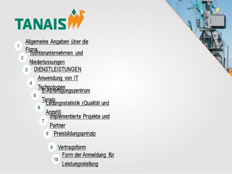 Allgemeine Angaben über die Firma Tochterunternehmen und Niederlassungen DIENSTLEISTUNGEN 1 2 3 4 Anwendung